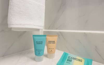 Guest bathroom at LIV Hotel Bronx.