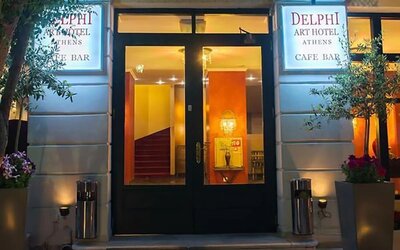 Hotel entrance at Delphi Art Hotel.