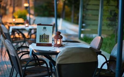 Outdoor terrace at Delphi Art Hotel.