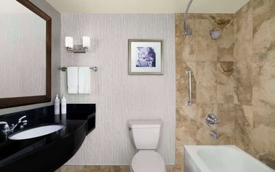 Guest bathroom at Hilton Garden Inn Calgary Airport.