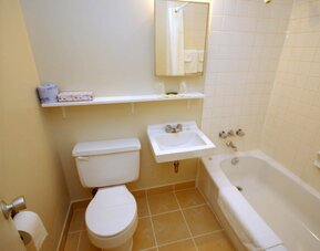 Guest bathroom with tub at Alexandra Hotel.