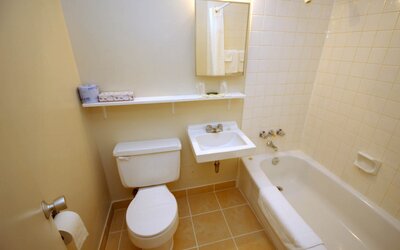 Guest bathroom with tub at Alexandra Hotel.