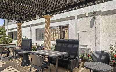 Outdoor terrace at Lemon Tree Hotel & Suites Anaheim.