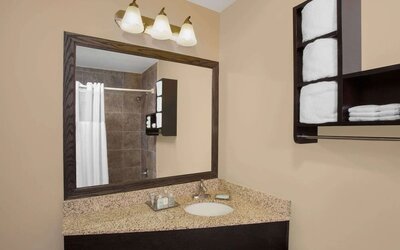 Guest bathroom at Wyndham Garden Schaumburg Chicago Northwest.
