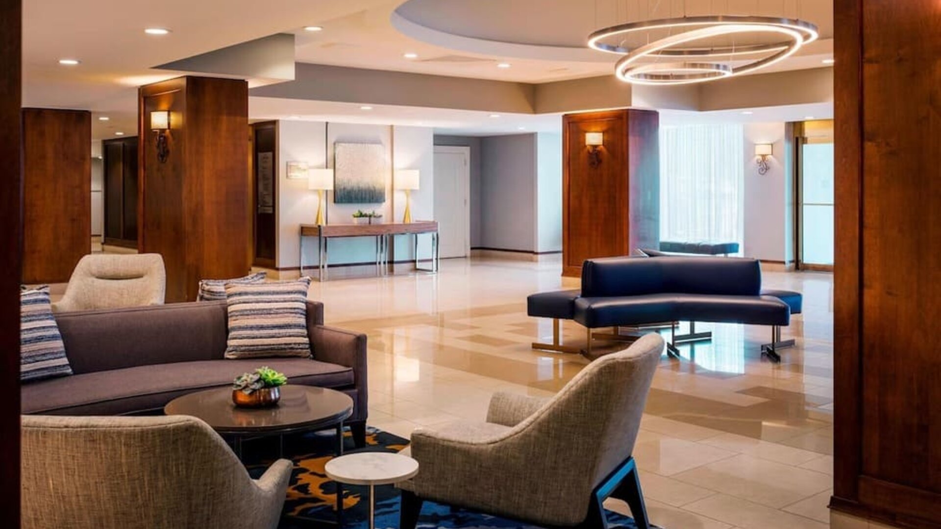 Lobby and coworking lounge at Boston Marriott Newton.