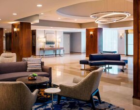 Lobby and coworking lounge at Boston Marriott Newton.