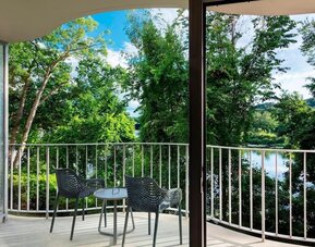 Seats in the balcony perfect for coworking at Boston Marriott Newton.