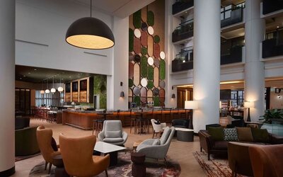 Lobby and lounge at Hilton Atlanta Airport.
