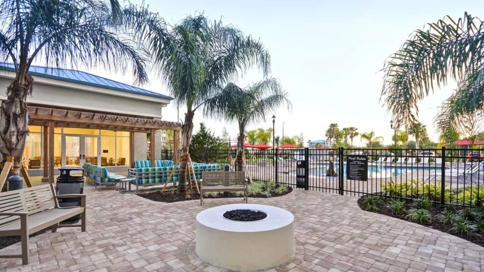 Outdoor terrace at Homewood Suites By Hilton Orlando Theme Parks.