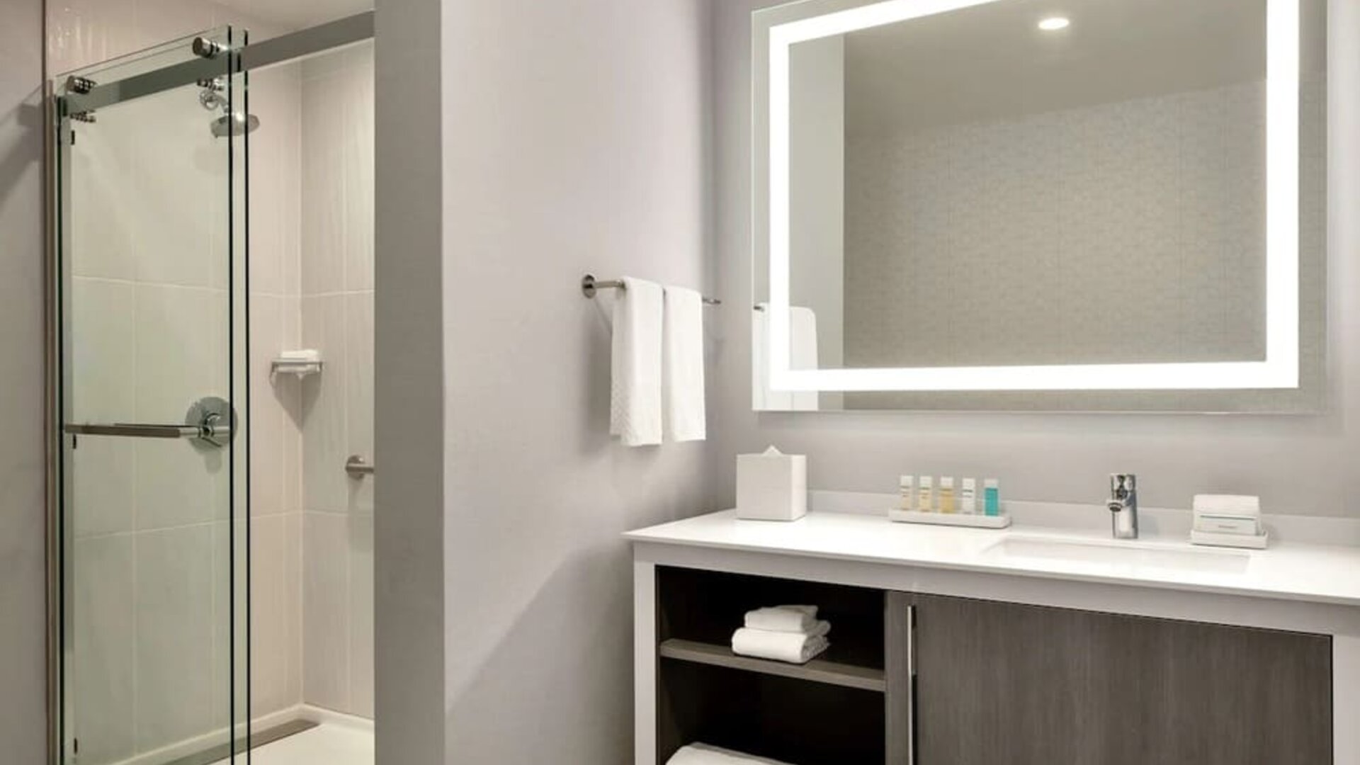 Guest bathroom at Embassy Suites By Hilton Atlanta Midtown.