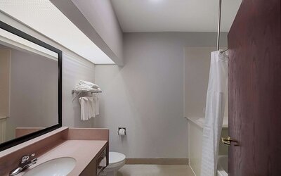 Guest bathroom at Quality Inn & Suites Irving DFW Airport South.