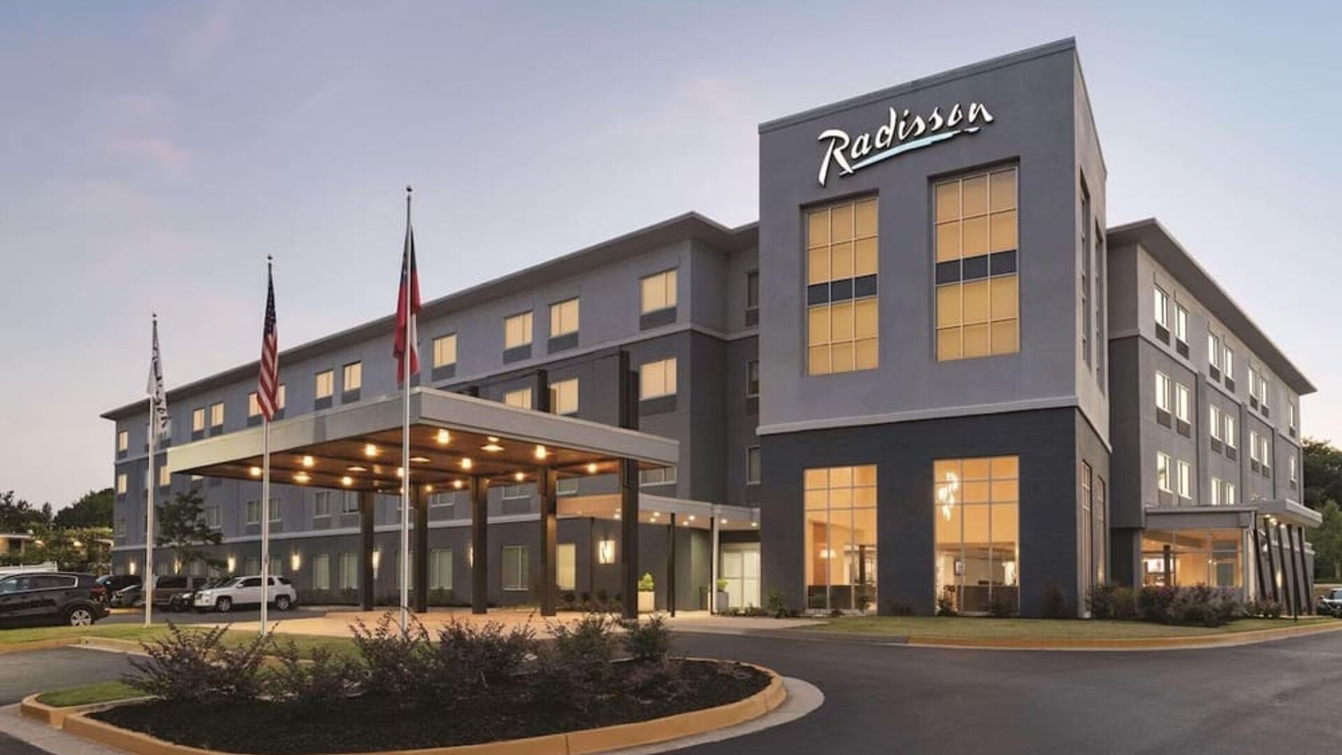 Hotel exterior at Radisson Hotel Atlanta Airport.
