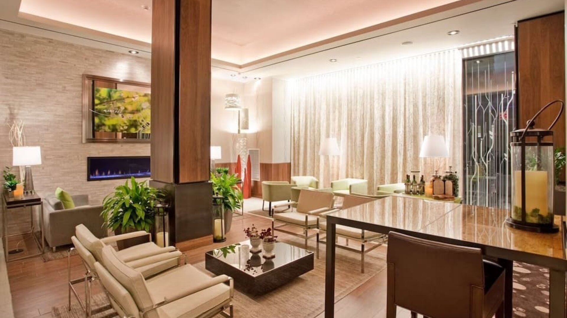 Lobby and coworking lounge at Hilton Garden Inn New York Central Park South Mid-town West.