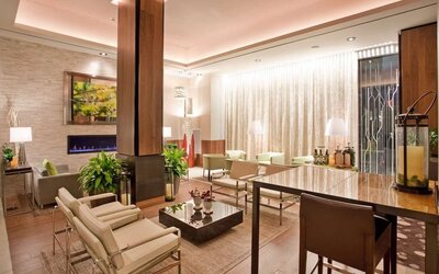 Lobby and coworking lounge at Hilton Garden Inn New York Central Park South Mid-town West.