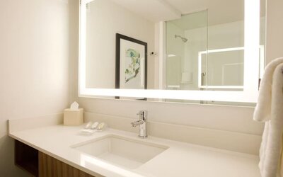 Guest bathroom with shower at Hilton Garden Inn New York Central Park South Mid-town West.