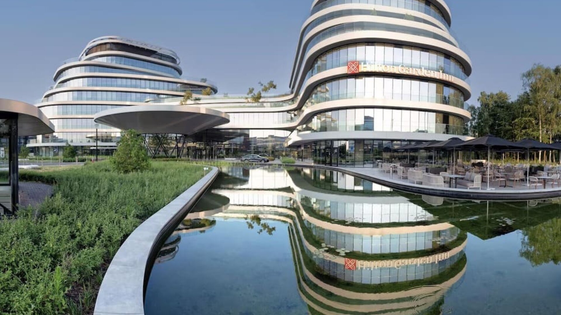 Hotel exterior at Hilton Garden Inn Brussels Airport.