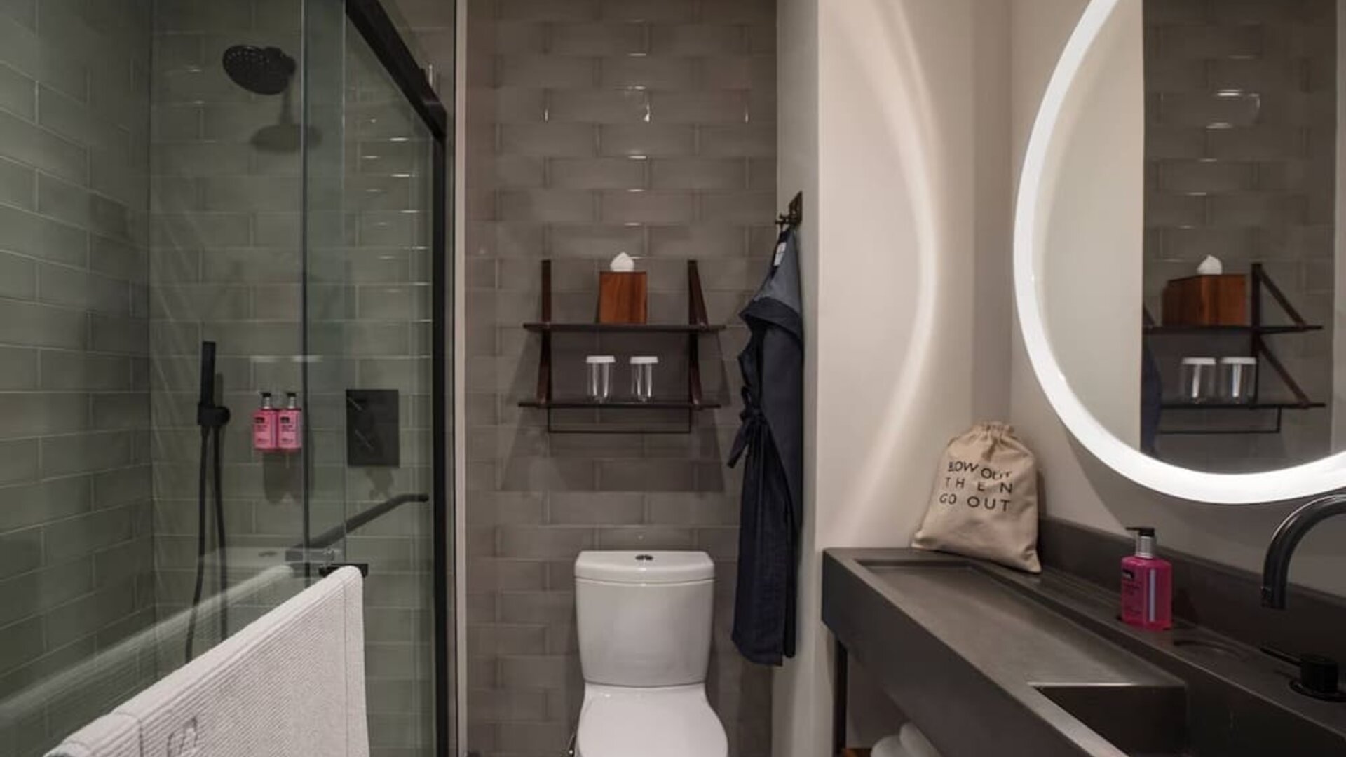 Bathroom at at Moxy NYC Downtown.