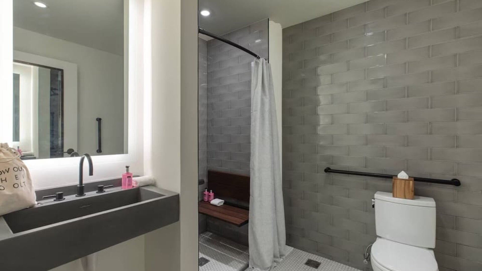 Bathroom at at Moxy NYC Downtown.