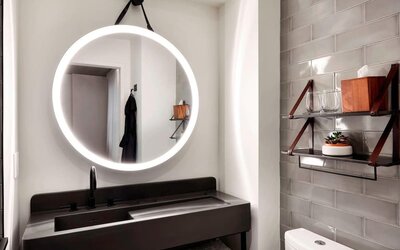 Bathroom at at Moxy NYC Downtown.