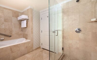 Modern bathroom at Hilton Los Angeles/San Gabriel with modern facilities and plush towels.