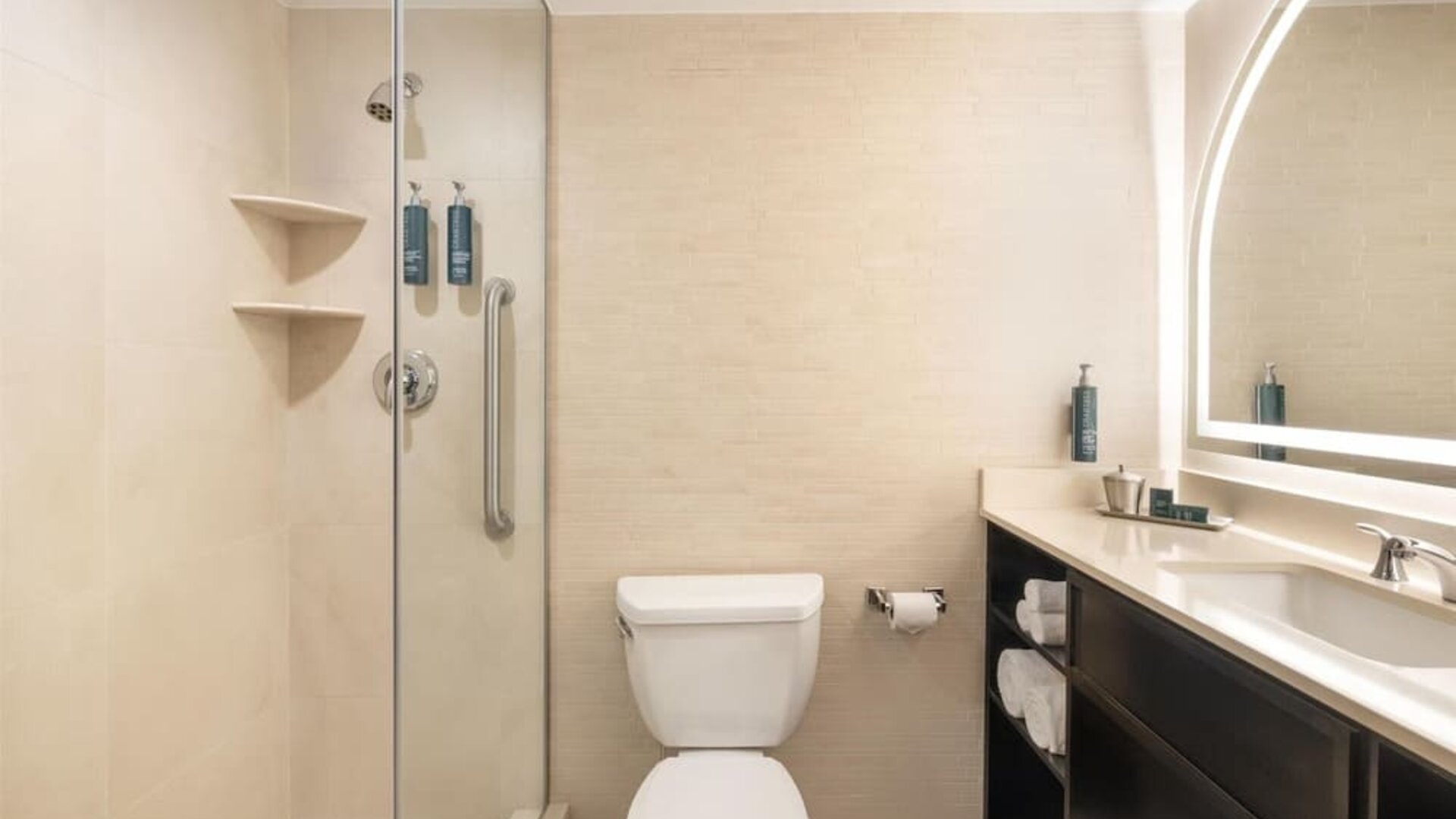 Modern, fully equipped bathroom at Hilton Fashion District.