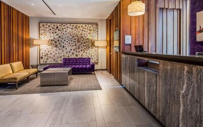 Lobby and coworking lounge at Best Western Premier Herald Square.