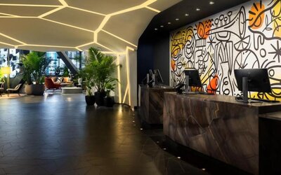 Modern and welcoming reception at M Social Hotel Times Square.
