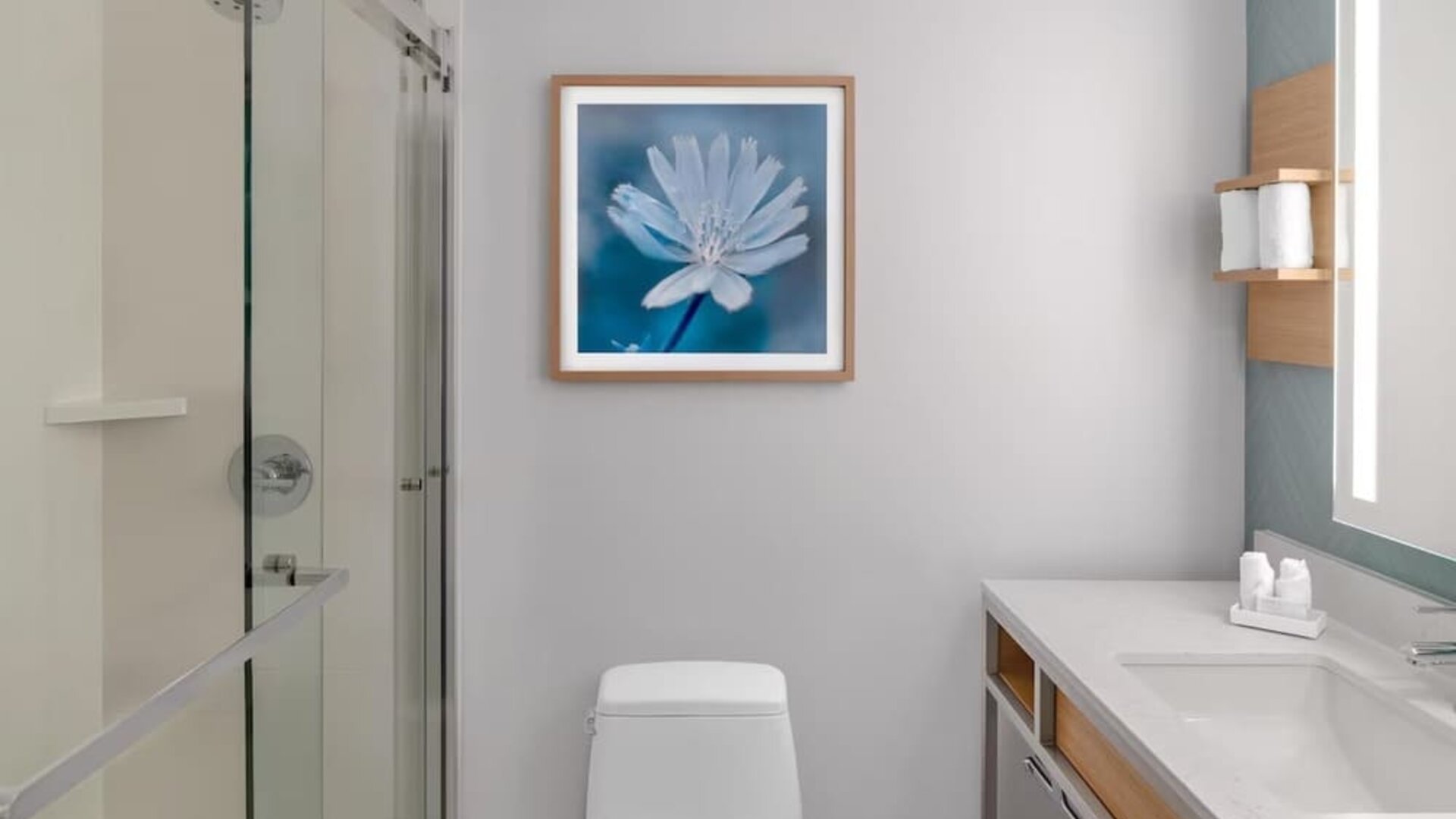 Bathroom at Hilton Garden Inn Queens/JFK Airport with glass shower, vanity, mirror, and blue accent wall.