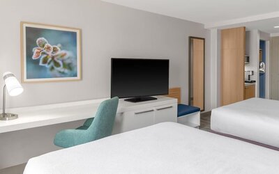 Workspace area at Hilton Garden Inn Queens/JFK Airport with desk, chair, TV and wall art.