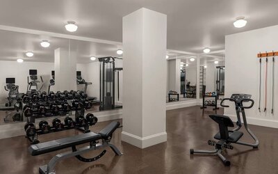 Spacious gym with dumbbells, benches, resistance equipment, and mirrors at Kimpton Palladian Hotel.