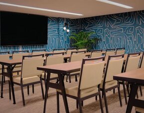 Conference room with rows of tables, chairs, and wall-mounted screen at The Ambassador Hotel Of Waikiki.