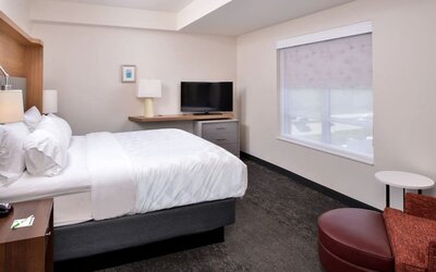 Guest room with large bed, TV, desk area, and window seating at Holiday Inn & Suites Farmington Hills - Detroit NW By IHG.