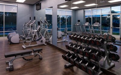 Gym with free weights, cardio machines, mirrored wall, and workout bench at Holiday Inn & Suites Farmington Hills - Detroit NW By IHG.