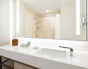 Modern bathroom with large mirror, vanity sink, walk-in shower, and neatly arranged amenities at M Social New York Downtown.