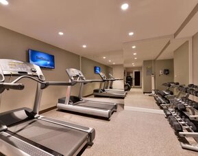Fitness facility with treadmills, free weights, and mirrored walls at Holiday Inn New York City - Times Square By IHG.