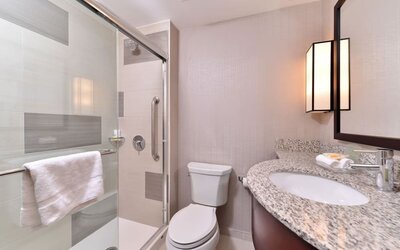 Bathroom with walk-in shower, toilet, curved granite sink, and modern lighting at Holiday Inn New York City - Times Square By IHG.