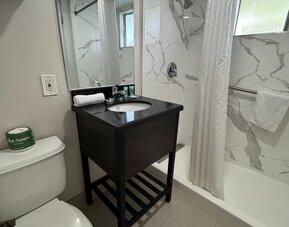 Guest bathroom with shower and toilet at Economy Inn.