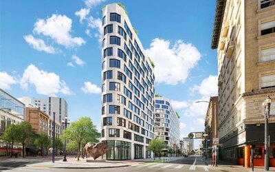 Contemporary exterior of the hotel building on a city street with surrounding architecture at Timbri Hotel San Francisco, Curio Collection By Hilton