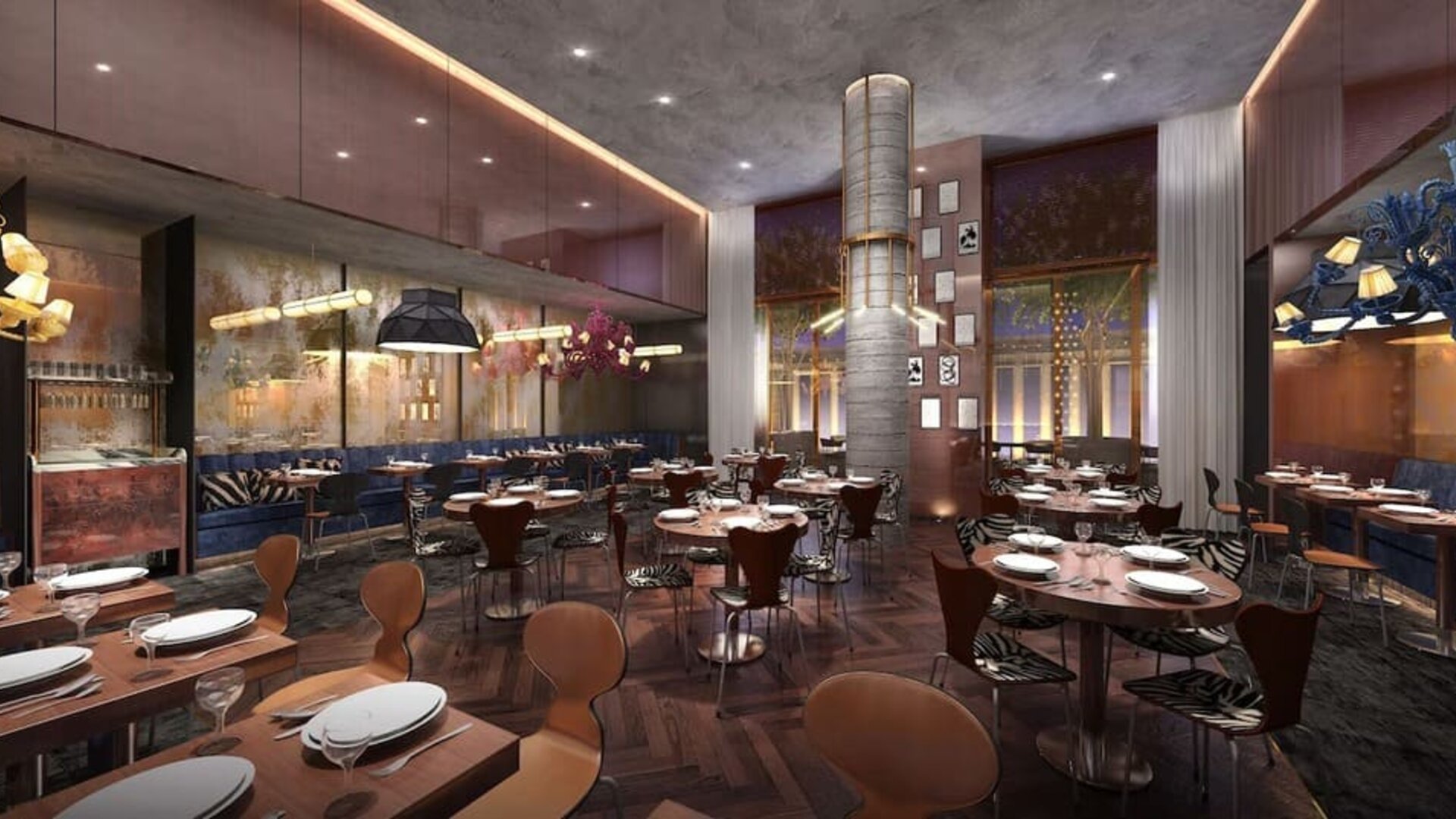 Restaurant interior with contemporary design, warm lighting, and spacious seating at Hotel Hendricks.