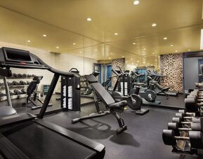 Gym with cardio machines, free weights, and modern equipment at Hotel Hendricks.