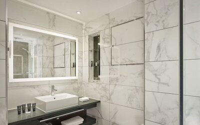 Guest bathroom with shower, mirror, and basin at 100 Queen's Gate Hotel London.