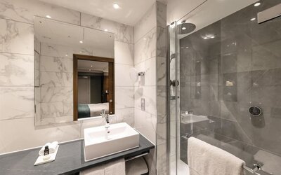 Guest bathroom with shower, mirror, and basin at 100 Queen's Gate Hotel London.