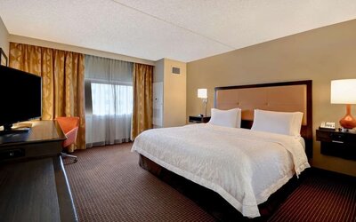 Day use room with TV, work desk, and natural light at Hampton Inn NY-JFK.