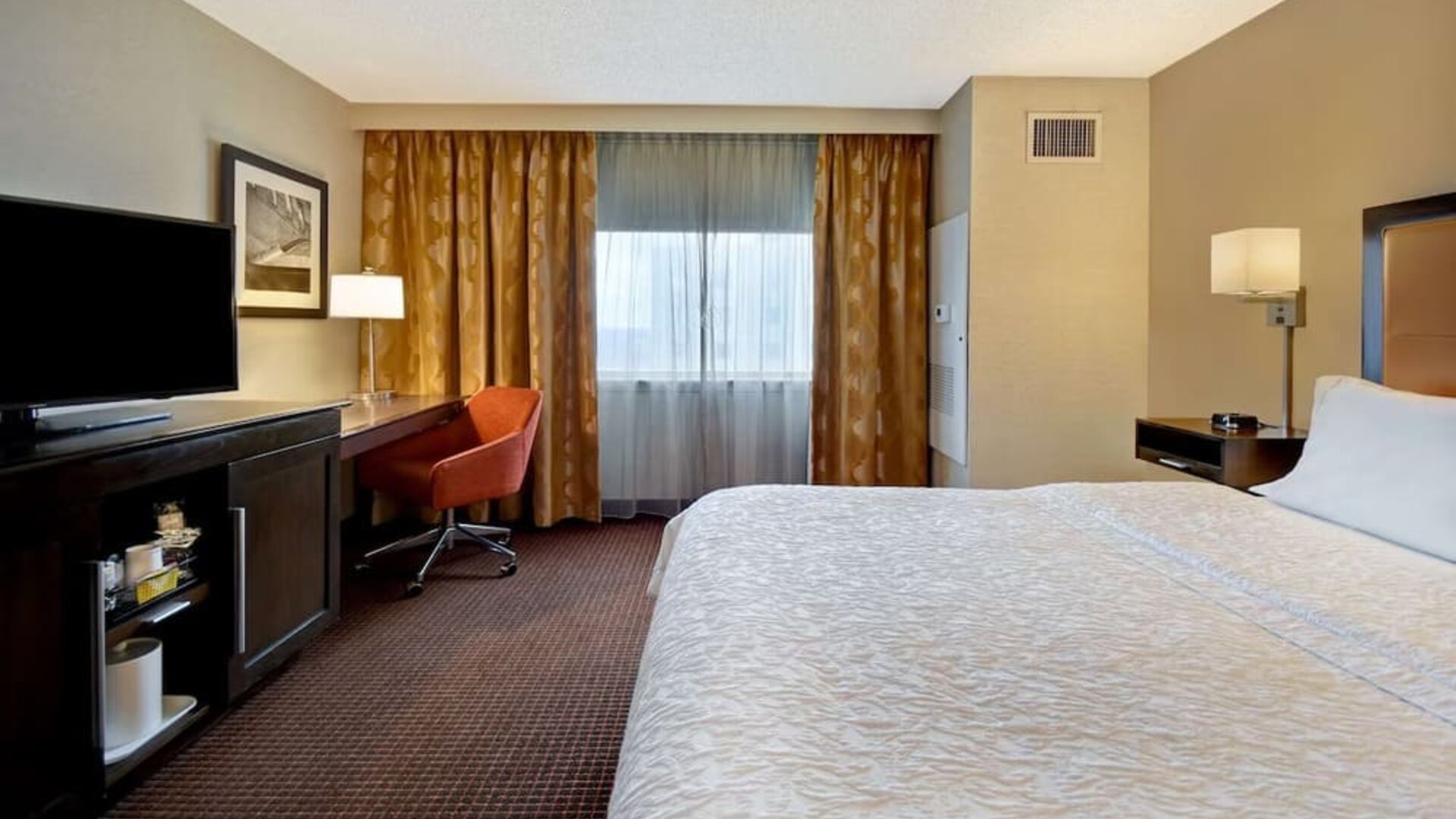 Simple King Bedroom with TV, work station, and natural light at Hampton Inn NY-JFK.