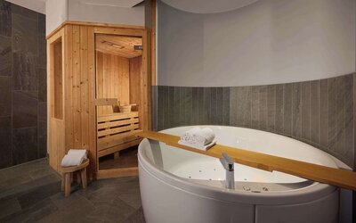 Guest bathroom with sauna and hot tub at Haven Hotel Rotterdam.