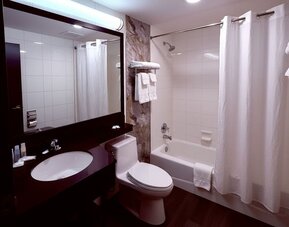 Bathroom with bathtub, shower, large mirror vanity, and neatly arranged towels at Imperial Hotel.