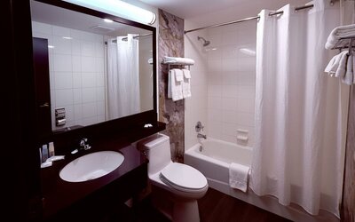 Bathroom with bathtub, shower, large mirror vanity, and neatly arranged towels at Imperial Hotel.