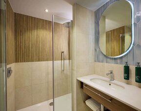 Guest bathroom with shower at DoubleTree By Hilton Rotterdam Centre.