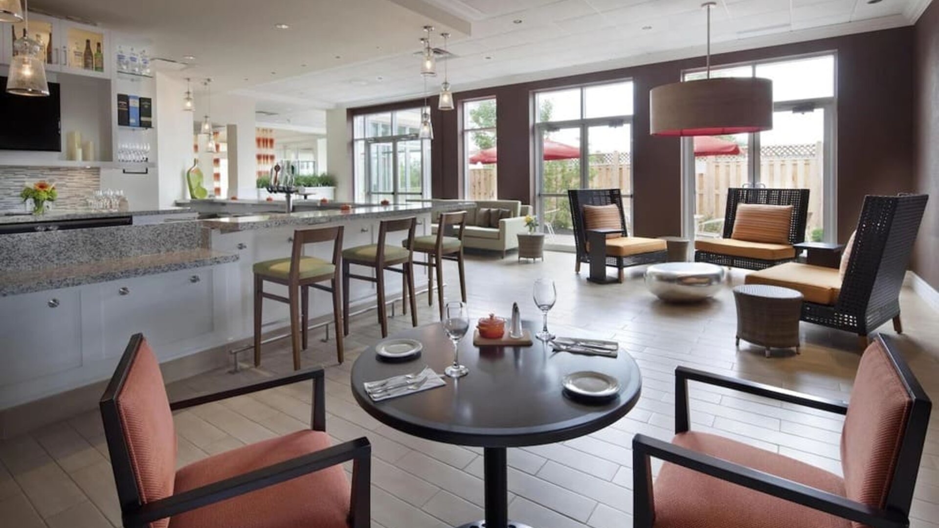 Hotel bar and restaurant at Hilton Garden Inn Montreal Airport.