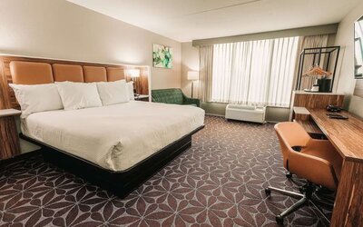 King room with large bed, work desk, and contemporary furnishings at Wyndham Garden Williamsburg Busch Gardens Area.